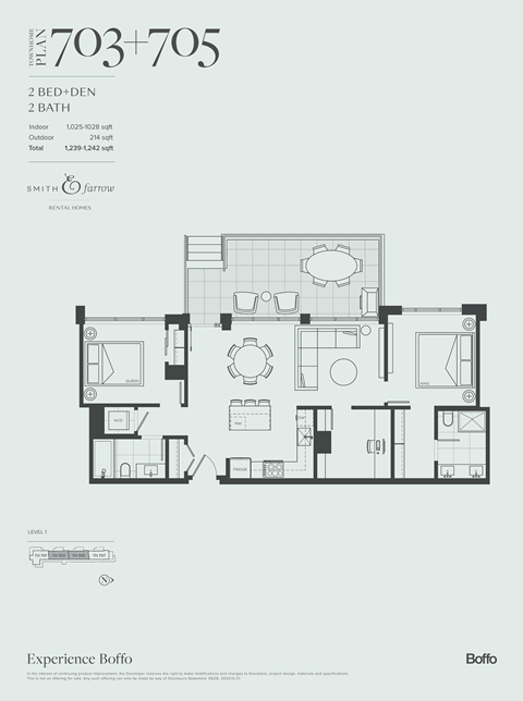 A floor plan for an apartment with 2 bedrooms and 2 bathrooms is displayed.